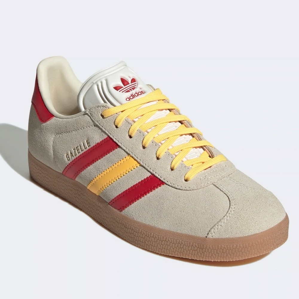 adidas Gazelle Women's Suede Sneakers in Beige with Red & Yellow Details